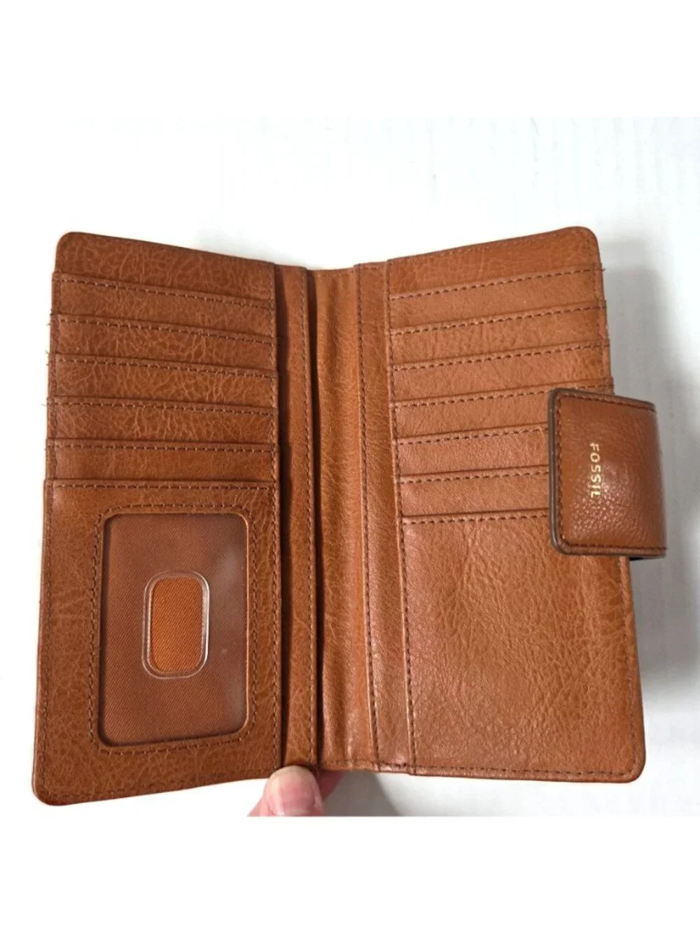 Fossil Womens Wallet Brown Leather Bifold Geometric Contrast Stitching Boho
